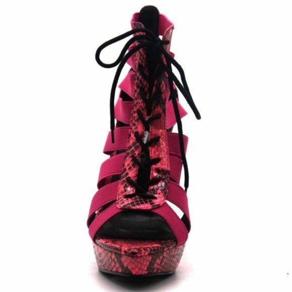 Pink Snakeskin Platform Lace Up Heels - Picture 4 of 5